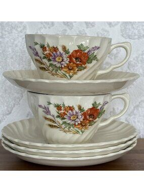 Vintage Royal China 2 Coffee Cups 4 Saucers Wheatly Poppies Zinnias Wheat 1950s